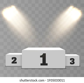 Realistic winners podium on a transparent background with beautiful lights and candy. Vector graphics.