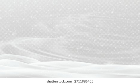 Realistic winter background, snowdrifts, snowdrifts, blizzard and wind, snow. Christmas winter landscape, 3D background with snow, vector transparent background, PNG.