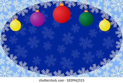 Realistic winter blue background with snowflakes and Christmas tree colorful balls. Vector graphics for decoration and design, website, postcards.