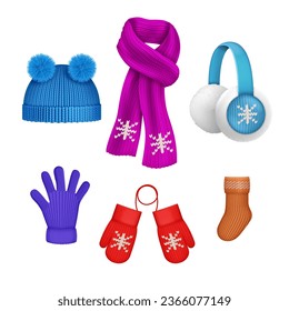 Realistic winter clothes. 3d bright kids warm clothing elements, wool scarf or sock knitted beanie cap hat knit mittens gloves for cold autumn, decent vector illustration of winter fashion clothing