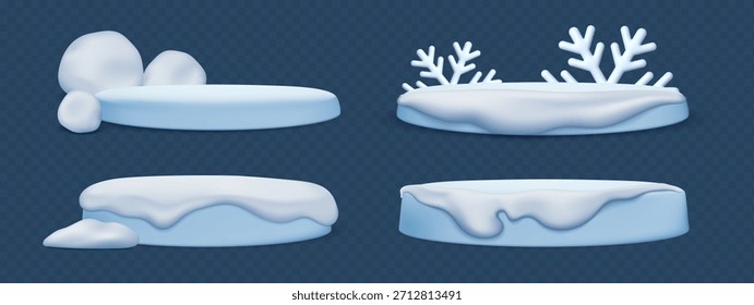 Pódios de inverno realistas cobertos com camadas de neve macias. Formas suaves, fundo azul limpo, perfeito para design de férias, exibição de produtos, banners, embalagem e promoção de inverno
