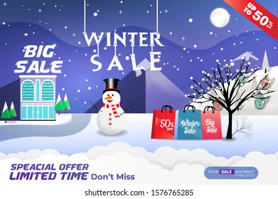 Realistic winter sale banner template with shopping bag & santa claus