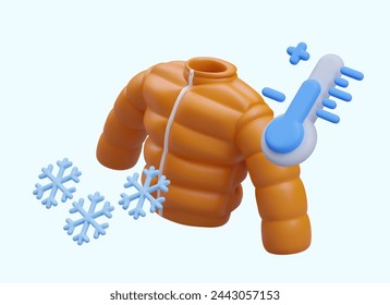 Realistic winter warm jacket, snowflakes, blue thermometer