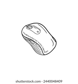 Realistic wireless computer mouse in black isolated on white background. Hand drawn vector sketch illustration in doodle vintage engraved outline, line art style. Desktop laptop equipment work