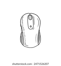 Realistic wireless computer mouse in black isolated on white background. Hand drawn vector sketch illustration in doodle vintage engraved outline, line art style. Desktop laptop equipment work.