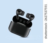 Realistic Wireless Earbuds with Charging Case on Blue Background, Modern Black Wireless Earbuds with Charging Dock, Vector Illustration, 3d Render of tws isolated, wireless earphones, Wireless Stereo.
