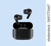 Realistic Wireless Earbuds with Charging Case on Blue Background, Modern Black Wireless Earbuds with Charging Dock, Vector Illustration, 3d Render of tws isolated, wireless earphones, Wireless Stereo.