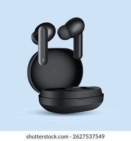 Realistic Wireless Earbuds with Charging Case on Blue Background, Modern Black Wireless Earbuds with Charging Dock, Vector Illustration, 3d Render of tws isolated, wireless earphones, Wireless Stereo.