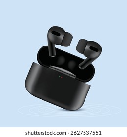 Realistic Wireless Earbuds with Charging Case on Blue Background, Modern Black Wireless Earbuds with Charging Dock, Vector Illustration, 3d Render of tws isolated, wireless earphones, Wireless Stereo.