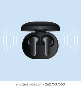 Realistic Wireless Earbuds with Charging Case on Blue Background, Top View Wireless Earbuds in Charging Case, Vector Illustration, 3d Render of tws isolated, wireless earphones, Wireless Stereo.
