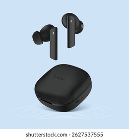 Realistic Wireless Earbuds with Charging Case on Blue Background, Modern Black Wireless Earbuds with Charging Dock, Vector Illustration, 3d Render of tws isolated, wireless earphones, Wireless Stereo.