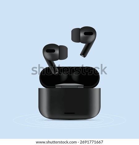 Realistic Wireless Earbuds with Charging Case on Blue Background, Modern Black Wireless Earbuds with Charging Dock, Vector Illustration, 3d Render of tws isolated, wireless earphones, Wireless Stereo.