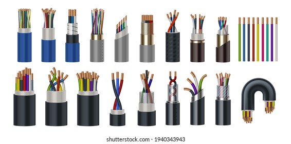 Realistic wires. Flexible electric cables with different isolation types. 3D coaxial bundles of twisted colorful power cords. Stranded electrical conductors with metal core, vector set
