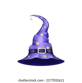 Realistic witch hat. Halloween holiday element purple wizard cap with stars and belt isolated white background. Autumn traditional trick or treat spooky event, scary and magic. Vector illustration