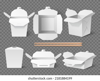 Realistic wok box. White cardboard pasta or noodles container template, wooden asian chopsticks, chinese street food packaging mockup, top and side view 3d element, utter vector isolated set