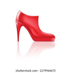 Realistic woman ankle boots, high heel shoes. Classic red female leather footwear isolated on white background, template icon design. 3d vector illustration