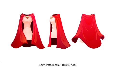 Realistic woman cape of cloak costume, women superhero. Superhero red cape, scarlet fabric silk cloak. Carnival costume, mockup festive clothing, front back behind view. Masquerade fancy dress vector