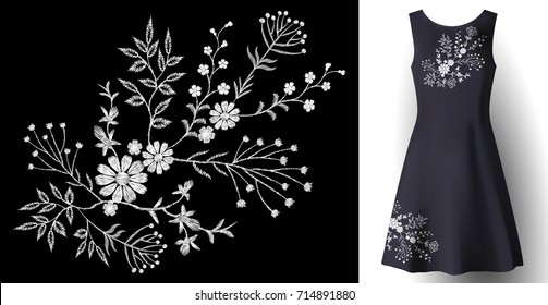 Realistic woman dress embroidery floral decoration. 3d detailed fashion stitched white ornament patch on dark blue fabric vector illustration art