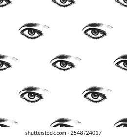 Realistic Woman Eye Seamless Pattern. Lady's Look, Fashion Background. Vector