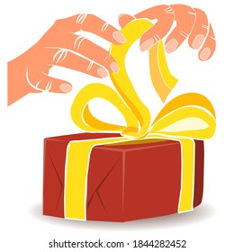 Realistic Woman Hands Unpacking Gift Box. Vector Illustration