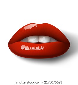 Realistic Woman Lips With Red Glossy Lipstick. EPS10 Vector