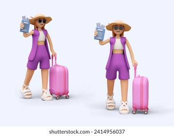 Realistic woman in summer clothes and hat holding passport and airline tickets, walking to airport with trolley bag. Tourist ready to travel. Vector illustration in 3d style