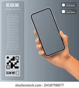 Realistic woman's hand holding a smartphone with a a QR code link to a mobile app. grey background and template for your app description, vector format.