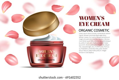 Realistic Women Opened cream for Eye and Face with red petals Bottle Mockup on Dazzling Background. Contained in Glass. Excellent Advertising. Cosmetic Design Product. 3D Vector Illustration.