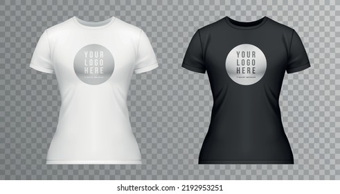 Realistic women t shirt mockup icon set womens white and black t shirts with the logo in the center vector illustration