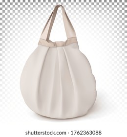 Realistic women's round bag with short handles. Eco fabric bag, shopping bag. 3d vector illustration isolated on white transparent background.