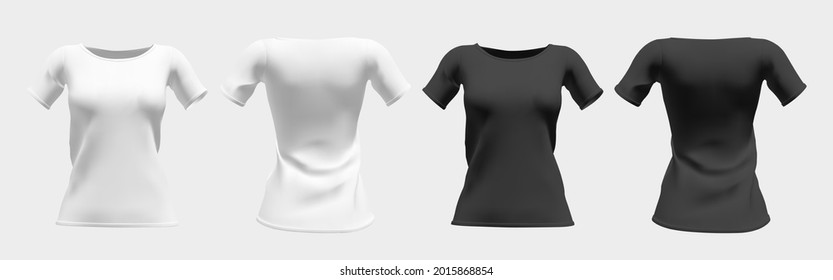 Realistic women's T-shirt in white and black with short sleeves. Front and back view mockup. Isolated vector illustration