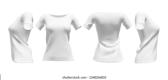 Realistic womens white t-shirt with short sleeves mockup set. Front, back and side view mockup. Isolated vector illustration.