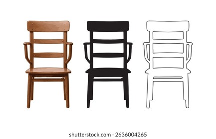 A Realistic Wood Chair Illustration, Silhouette, and Outline Drawing Art
