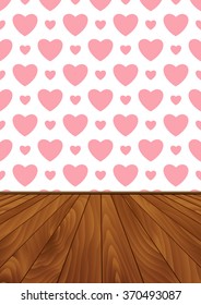 Realistic wood floor and wall with pink hearts