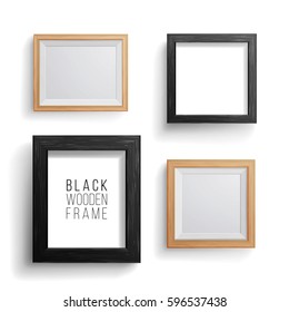 Realistic Wood Photo Frame Vector Set. Collection Of Empty Wood Picture Blank. Realistic Exhibition Image Frames On White Wall. Design Template For Mock Up.