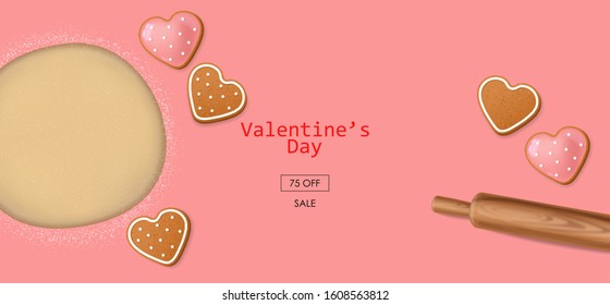 Realistic wood rolling pin isolated, pink background, dough elements, cookies, valentine's day card, love banner celebration banner vector illustration