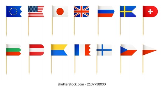 Selección de dientes de madera realista con banderitas de campo para decoración de comida. Eeuu, francia, japón, suecia e inglaterra miniaturizan banderas de 3d conjunto vectorial. Marcas de cocina nacional o punteros de diferentes formas