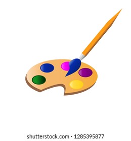 Realistic Wooden Art Palette with Paints and Brush Isolated on White Background. Vector illustration.