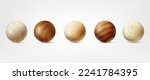 Realistic wooden balls. 3d samples wood ball, brown sphere variety globe woodwork model macro circle rough texture, wooden-toys glossy spheres clipart, tidy vector illustration of smooth form