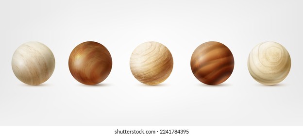 Bolas de madera realistas. 3 d muestra bola de madera, esfera marrón variedad de globo de carpintería modelo macro círculo textura áspera, juguetes de madera esferas brillante clipart, tidy ilustración vectorial de forma lisa