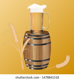 Realistic Wooden barrel and glass of beer with foam - ears of wheat - yellow background - vector. Oktoberfest. Harvest Festival. Hello, Autumn