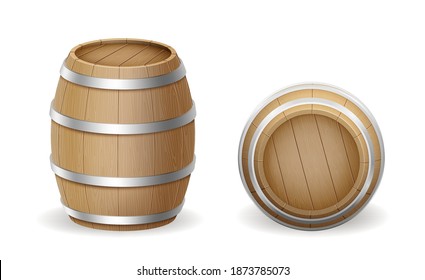 Barril de madera realista aislado en un fondo blanco, vistas desde diferentes lados. Barriles de plantilla para vino, cerveza o whisky. Ilustración del vector