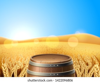 Realistic wooden barrel, keg on background of wheat, rye cereals golden field with blue sky. Organic brewery, natural product ad design on vector rustic landscape rural countryside backdrop.