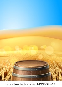 Realistic wooden barrel, keg on background of wheat, rye cereals golden field with blue sky. Organic brewery, natural product ad design on vector rustic landscape rural countryside backdrop.