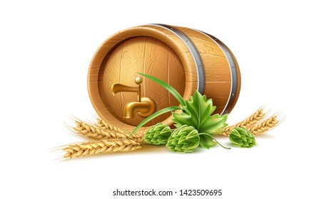 Realistic wooden barrel with tap, hop, wheat ear. Old beer, wine or whiskey oak container. Traditional winery, brewery storage element. Vector alcohol drink home brew product package design