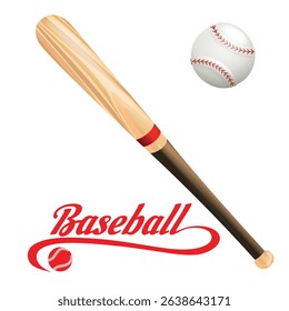 Realistic wooden baseball bat and ball. Baseballs sports equipment isolated vector illustration