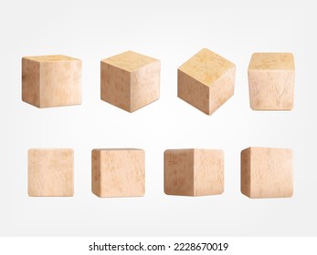 Realistic wooden blocks. 3d wood cube block with timber surface for baby game, school child tower build games alphabet education, wooden cubes square brick tidy vector illustration of 3d wood cube