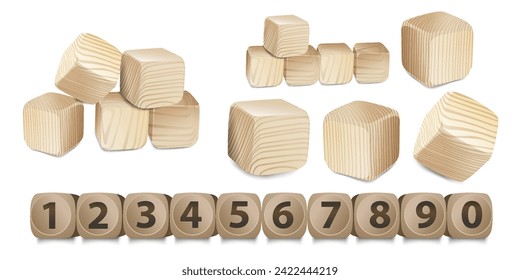 Realistic wooden blocks. 3d wood cube block with timber surface for baby game, school child tower build games alphabet education