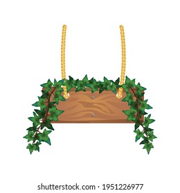 Realistic wooden board on ropes with tropical liana vector illustration