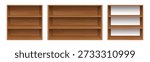 Realistic wooden bookshelf set with empty shelves isolated on white background for interior design, home and office storage illustration